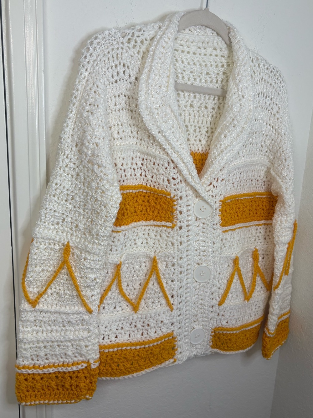 Handmade Knit Crochet Cardigan Sweater Mustard Yellow & Cream Boho - Picture 2 of 16